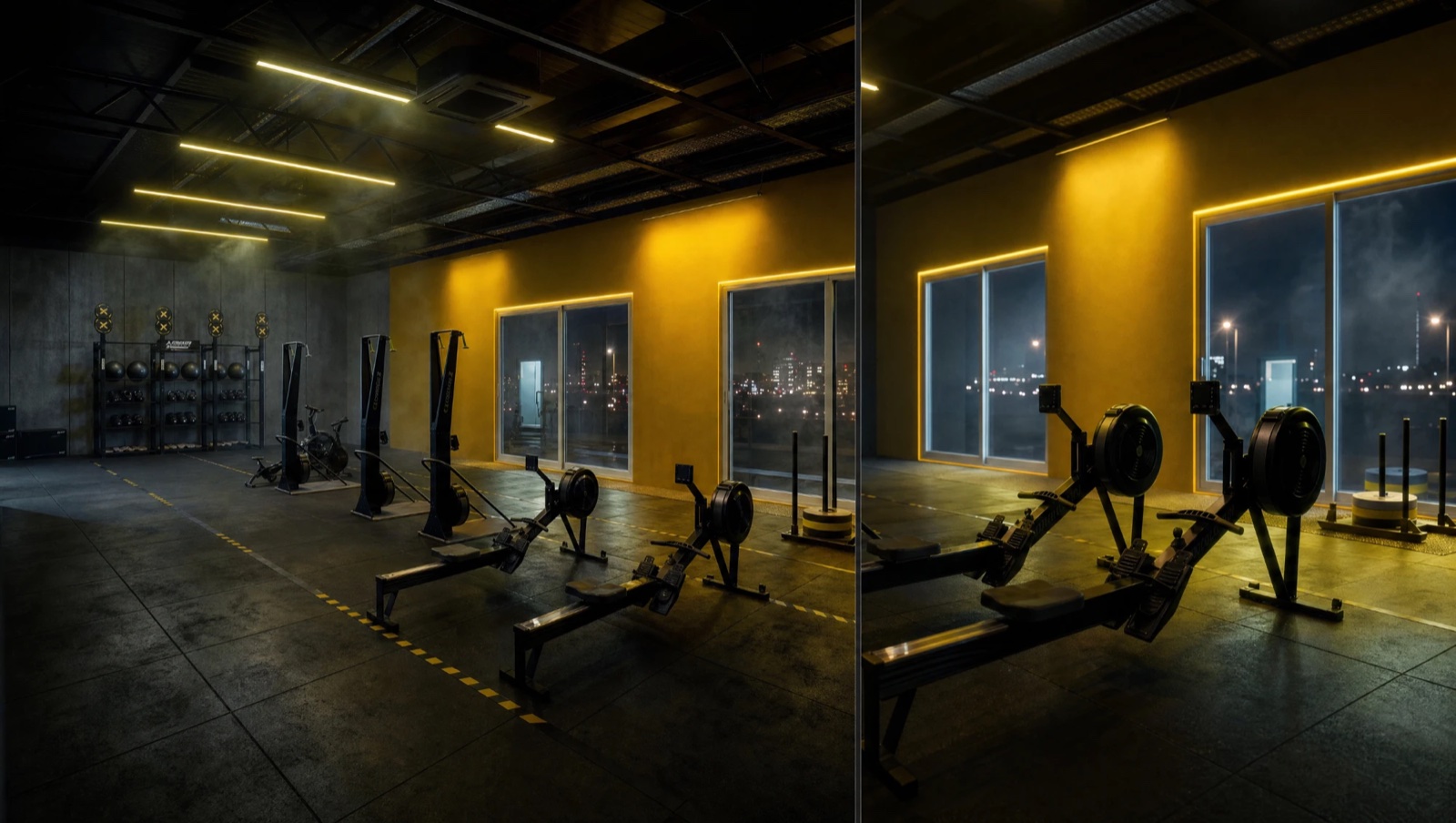 Rendering della nuova area HYROX di Five Village a Nereto: rower, ski erg e slitte sotto le luci LED